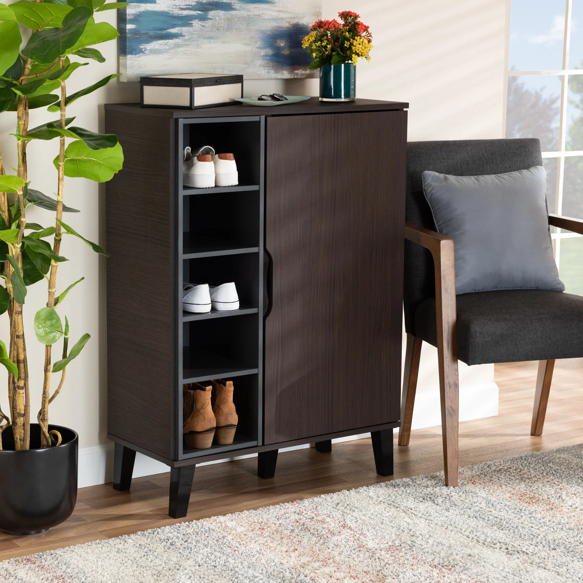 Dark Brown and Grey Wood 1-Door Shoe Cabinet A785739