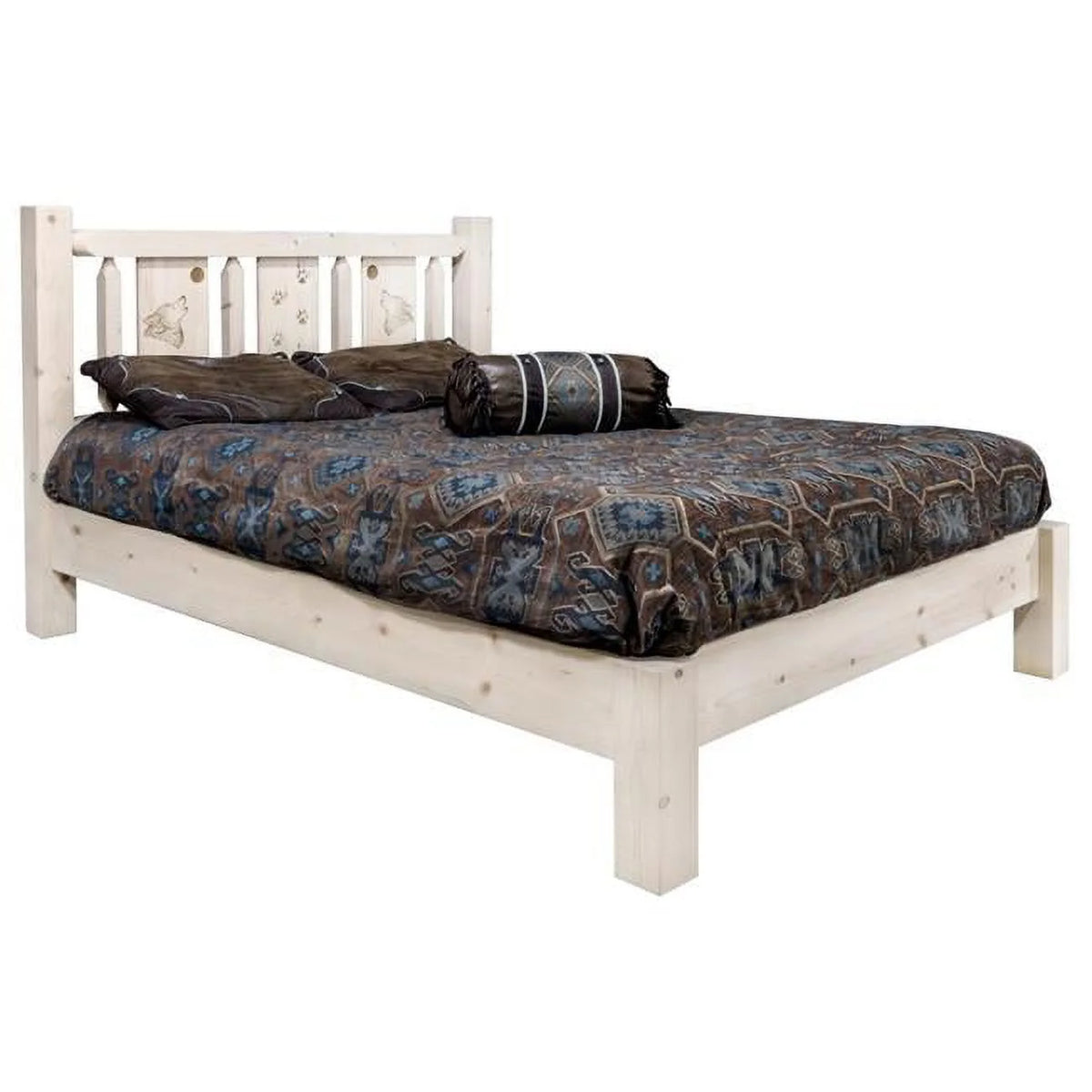 Full Size Platform Bed with Laser Engraved Wolf Design P121