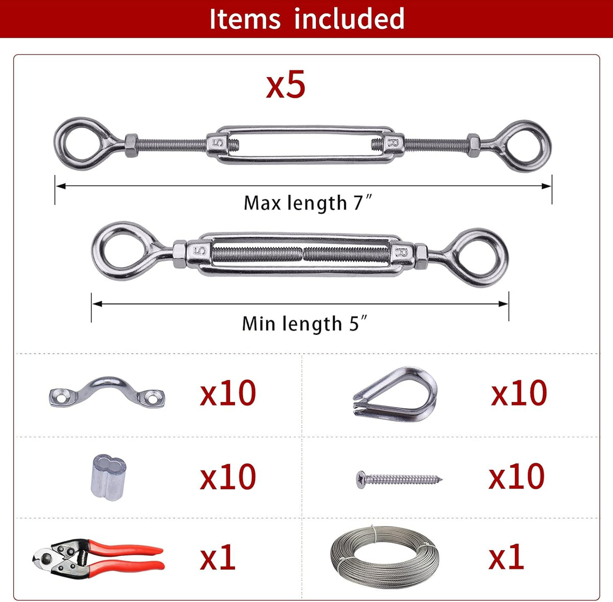 5Set 1/8 Cable Railing Kit Hardware Turnbuckle M5 Eye to Eye and 165' Wire Rope for Wood Post Stainless Steel Angle Adjustable 5 Cable Lines O78314