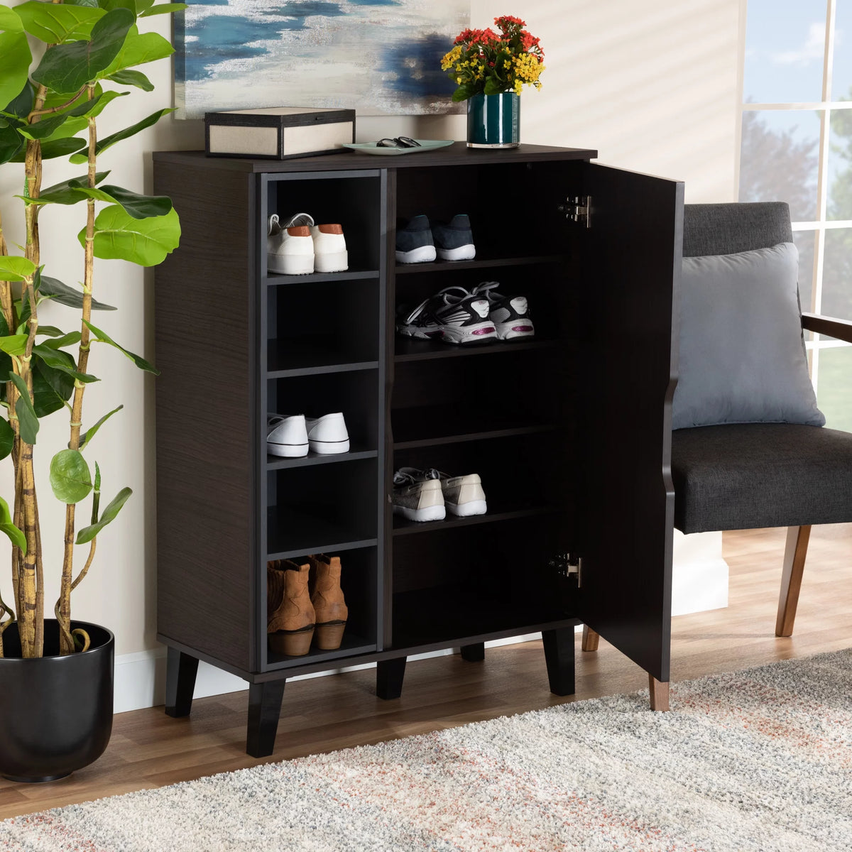 Dark Brown and Grey Wood 1-Door Shoe Cabinet A785739