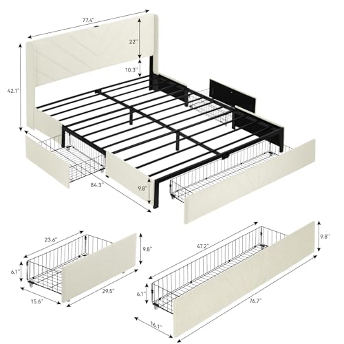 White Queen Size Upholstered Platform Bed Frame with USB and Type-C Ports A3694