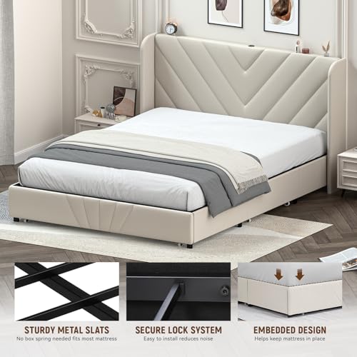 White Queen Size Upholstered Platform Bed Frame with USB and Type-C Ports A3694