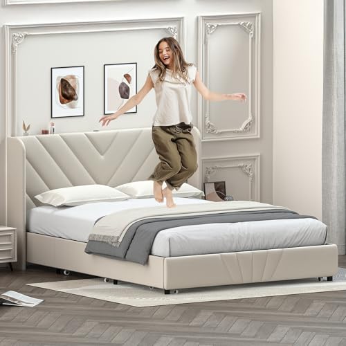 White Queen Size Upholstered Platform Bed Frame with USB and Type-C Ports A3694