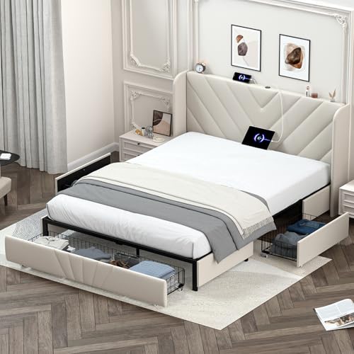 White Queen Size Upholstered Platform Bed Frame with USB and Type-C Ports A3694