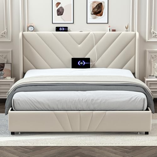 White Queen Size Upholstered Platform Bed Frame with USB and Type-C Ports A3694