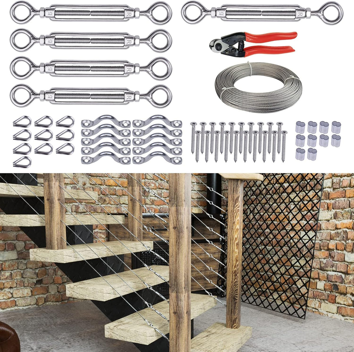 5Set 1/8 Cable Railing Kit Hardware Turnbuckle M5 Eye to Eye and 165' Wire Rope for Wood Post Stainless Steel Angle Adjustable 5 Cable Lines O78314