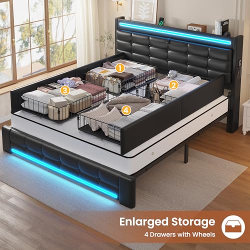 Queen Bed Frame with Storage Headboard & 4 Drawers H275023